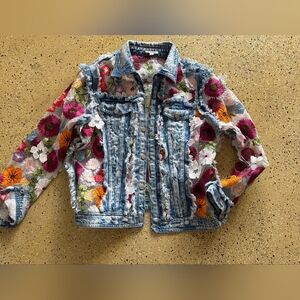3D Floral Mesh Embroidered Denim Jacket
